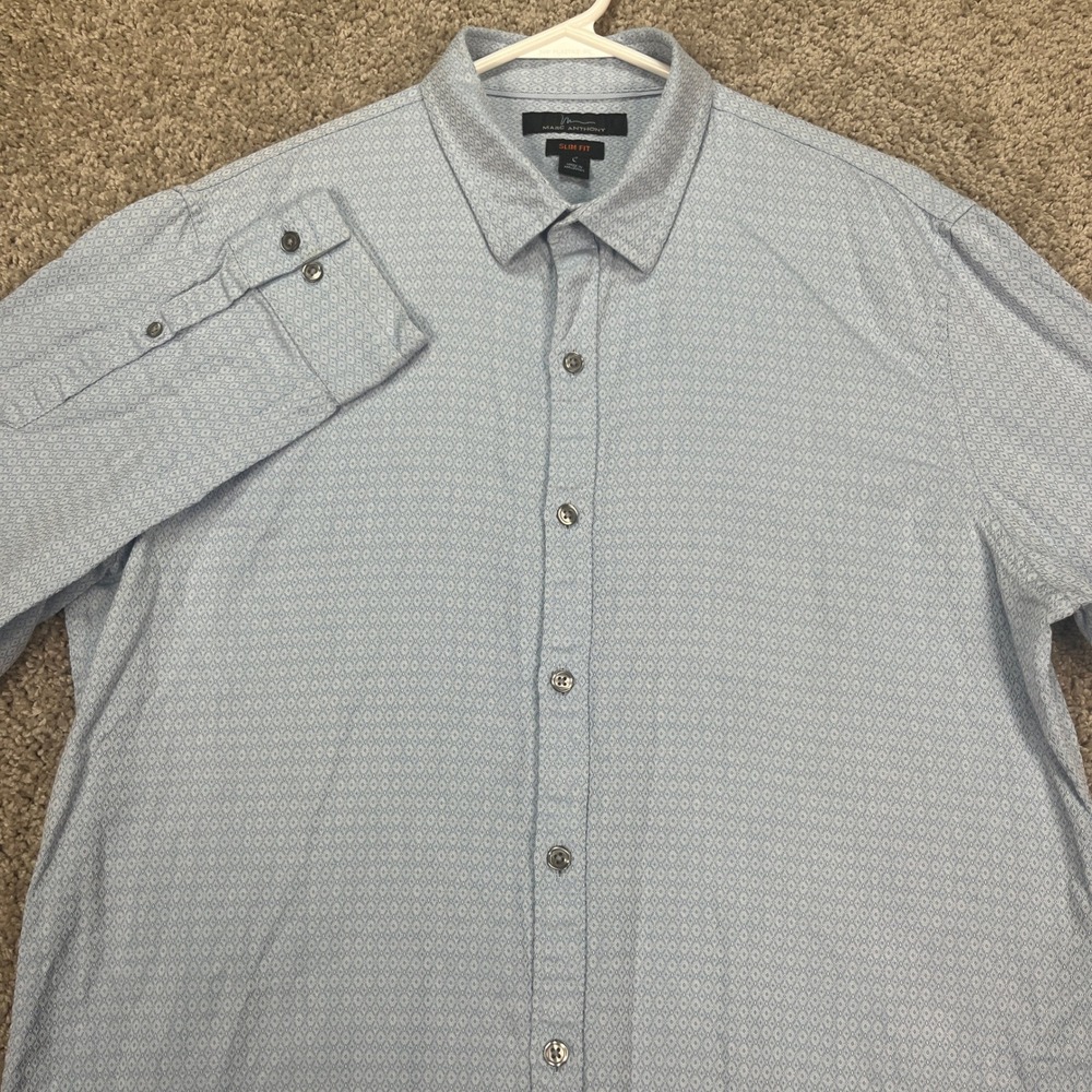 Marc Anthony Men's Large Blue Slim‎ Fit Long Sleeve Button Down Geometric Shirt